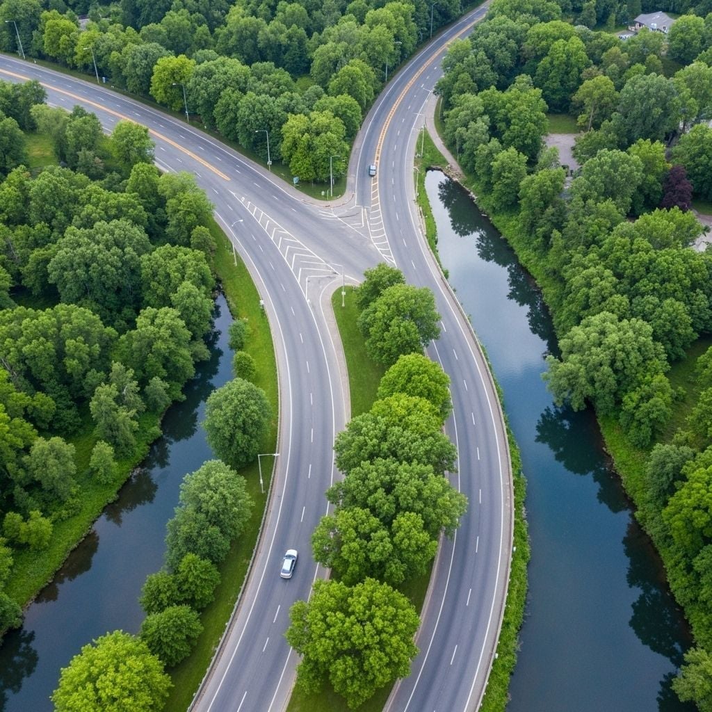 Aerial view of modern road infrastructure in Belgrade, Serbia, showcasing intersection design, traffic lanes, safety markings, and urban planning for traffic safety engineering