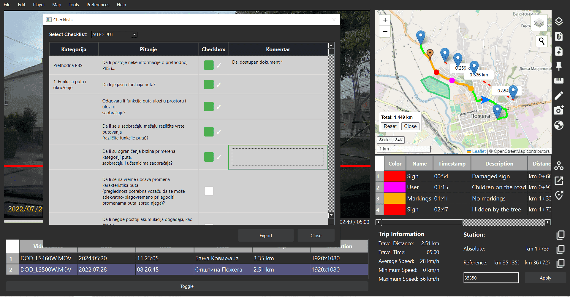 Smart marker system in RSI Viewer showing categorized pins for safety deficiencies and points of interest on interactive map, enabling efficient road safety inspection documentation and reporting