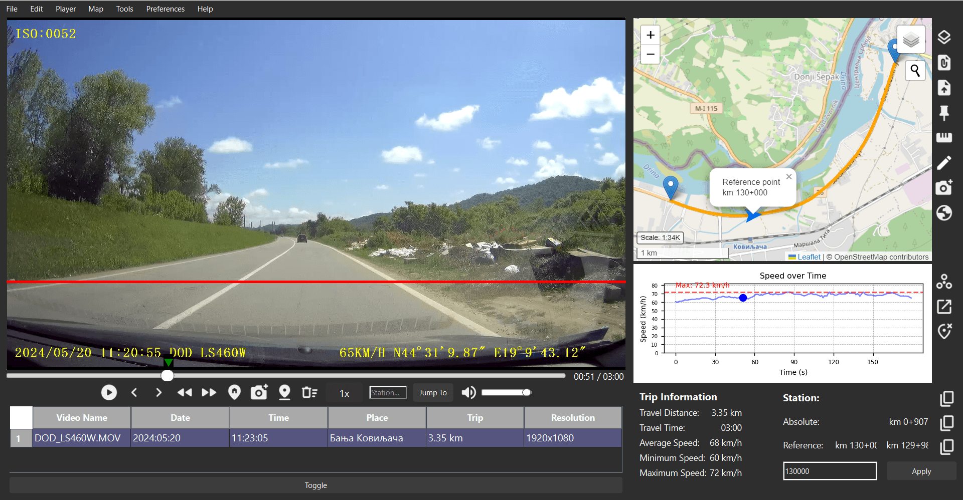 RSI Viewer stationing feature showing precise distance calculations, reference point positioning, and synchronized video frame with station values for accurate road safety audit documentation